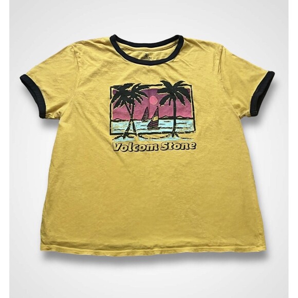 Volcom Stone T-Shirt Yellow Tropical Beach Graphic Ladies Size XL - Picture 1 of 6